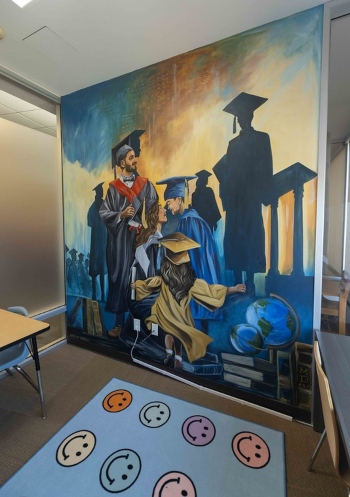 A mural painted by HCC Southeast Alum Mark DeLeon in the Family Room symbolizes the transformative power of education and the promise of brighter futures. This artwork complements the HCC Southeast and AVANCE-Houston partnership, serving as an inspiring reminder of the impact that education and community support have on families and future generations.