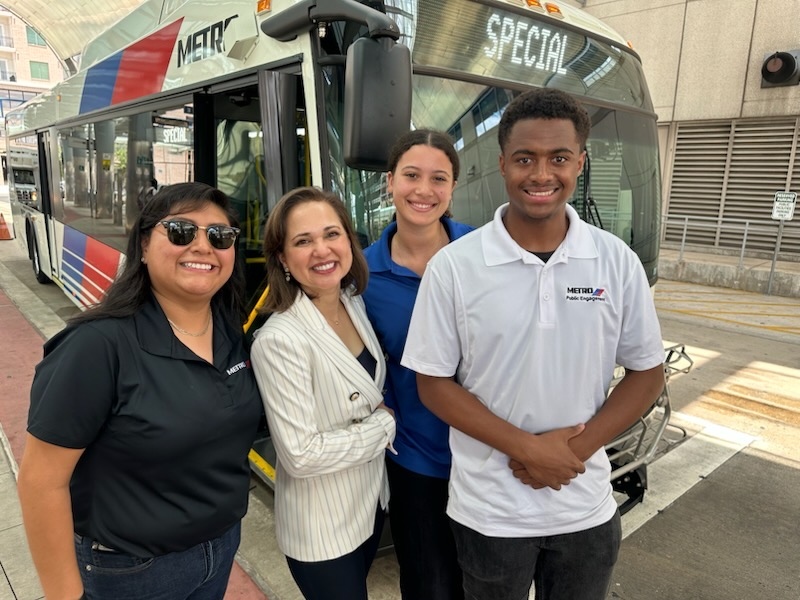From left to right: Representing METRO are Yesenia Vicente, Street Team member and HCC student; Elizabeth Gonzalez Brock, chair, METRO Board of Directors; Alana Frazier, Street Team member; and Keonte Sowunmi, HCC student and Street Team member. Photo is courtesy of Kayona Bastian, METRO public engagement project manager and Street Team manager.