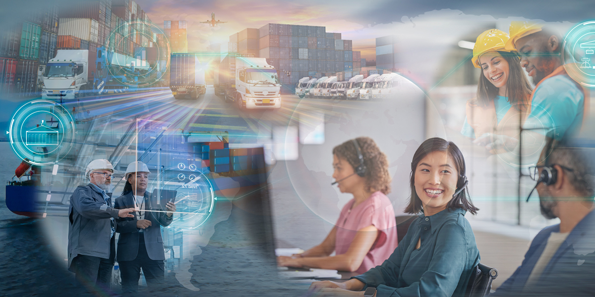 Supply chain process with workers in the background