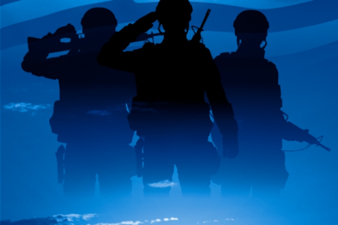 Silhouette of a saluting soldier infront of the USA flag with crests of the armed forces